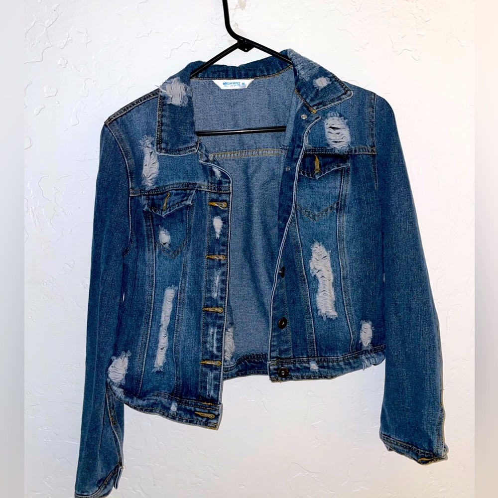Distressed jean jacked.  Highway Jeans. Like new. Super cute. Size medium